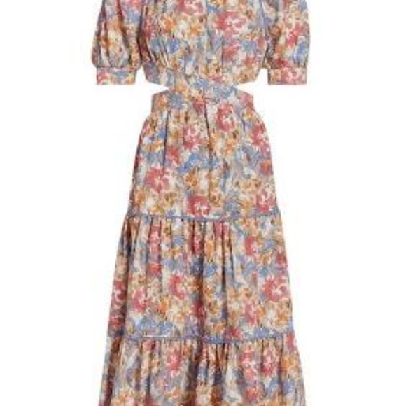 En Saison soleil blue & tan floral print cut out waist tiered midi dress sz M&L - Picture 5 of 6